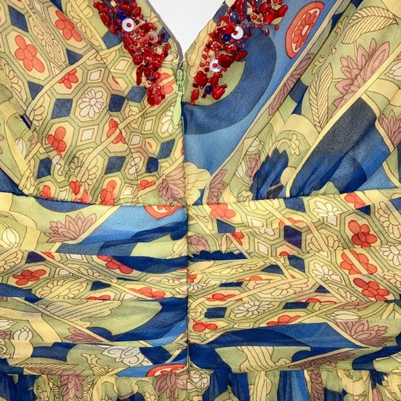 Kay Unger size 6 SILK Blue and Tan Ruched A-Line Midi dress - NWT but FLAWED - Picture 12 of 16